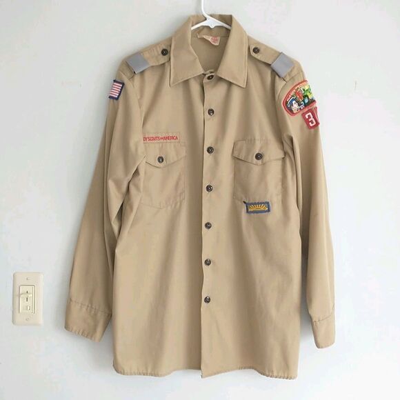 Vtg Boy Scouts of America Shirt Mens M Brown Long Sleeve Patches - Picture 1 of 13
